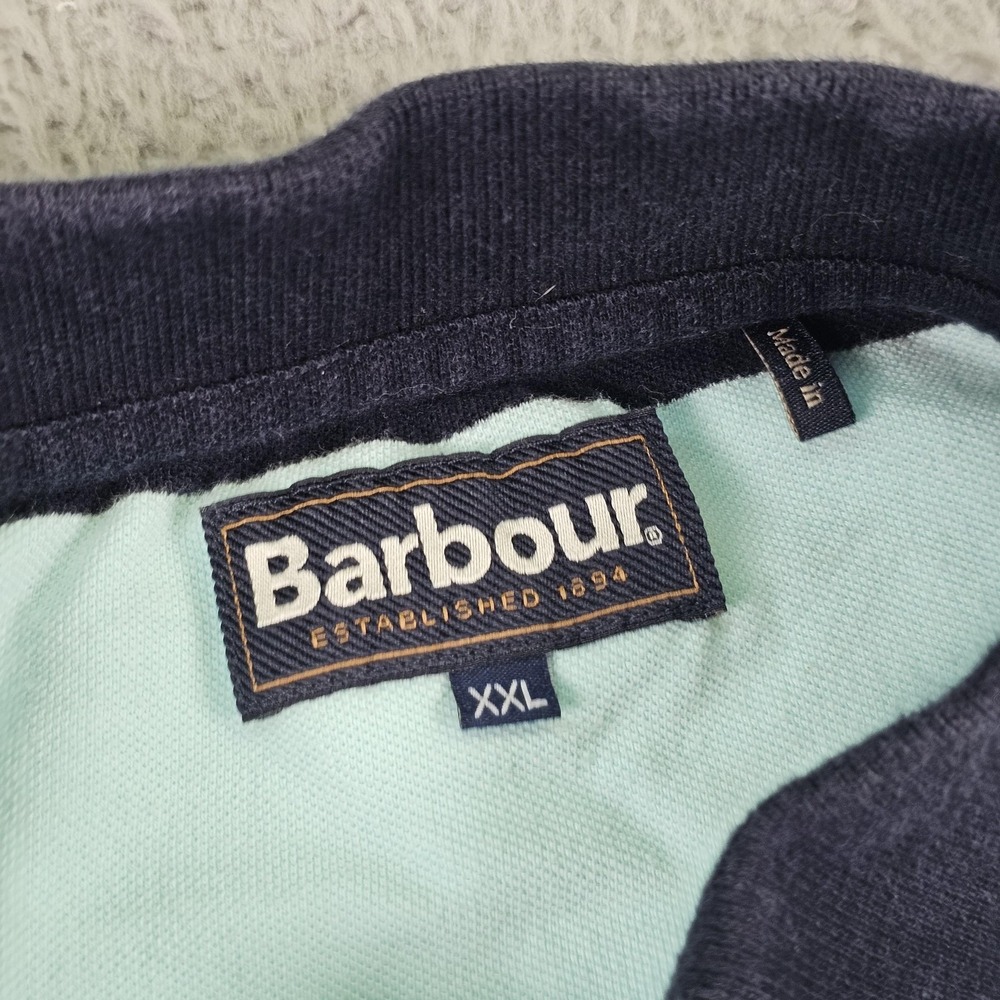 Barbour Polo Shirt Mens 2XL Blue Navy Striped Rugby 100% Cotton Short Sleeve - Picture 4 of 10